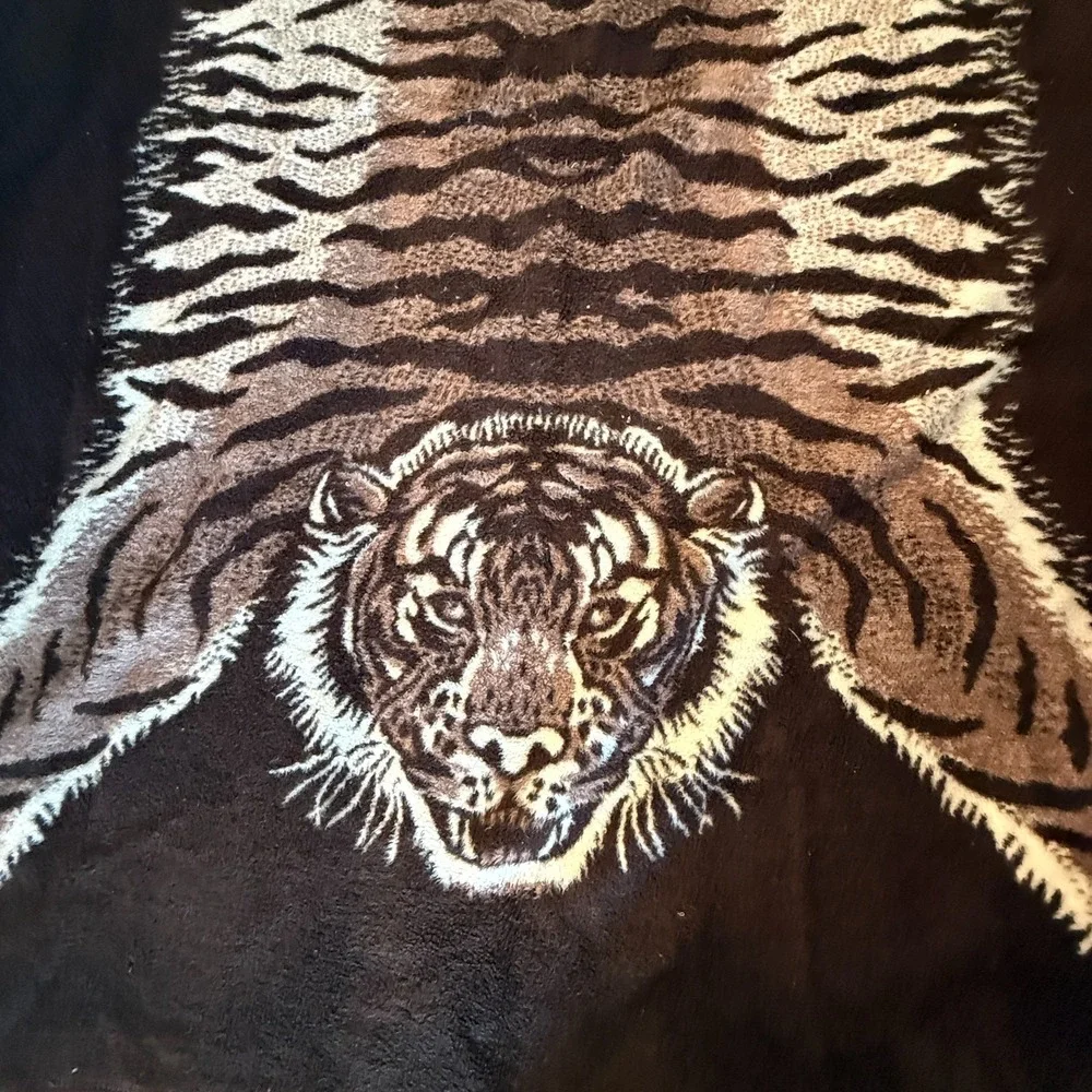 Vintage Biederlack Style Tiger Faux‎ Pelt Rug Fleece Blanket Germany 85x89 XL